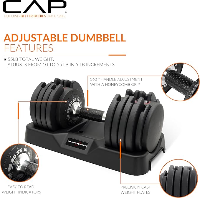CAP Barbell ADJUSTABELL Adjustable Round Dumbbell Weights - Singles & Pairs | 12.5 lb, 25 lb & 55 lb | Multiple Handle Options