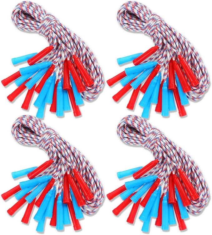 Honoson 50 Pcs Rainbow Jump Rope Bulk Gift for Kids 7.8ft Nylon Stripe Ropes with Handle Adjustable Colorful Party Favor Christmas Item Gift Outdoor Exercise Fitness (Red,White,Blue)