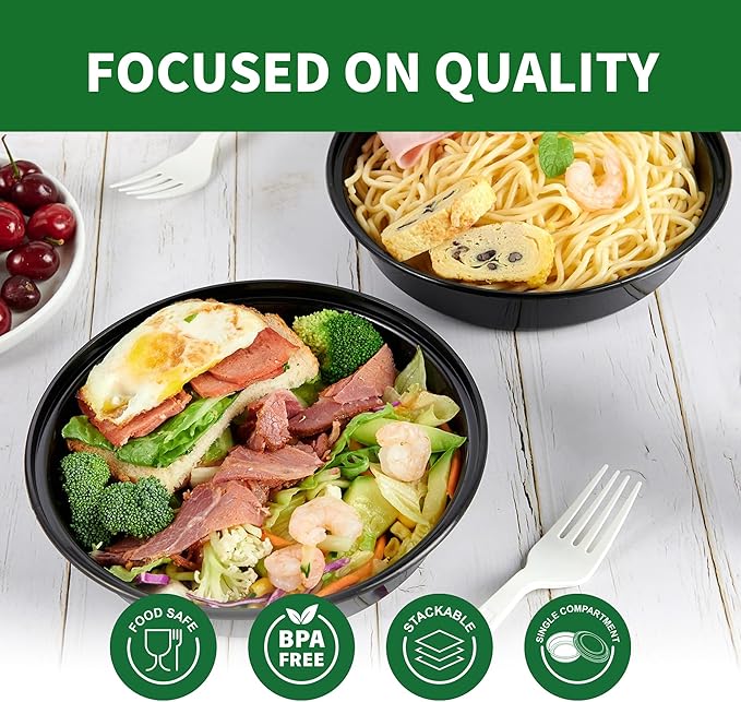 Round Meal Prep Containers with Lids, 50 Pack 32oz (100-Piece) Disposable Leakproof Take Out Food Storage Containers, Plastic To Go Lunch Boxes, BPA Free, Microwave/Dishwasher/Freezer Safe