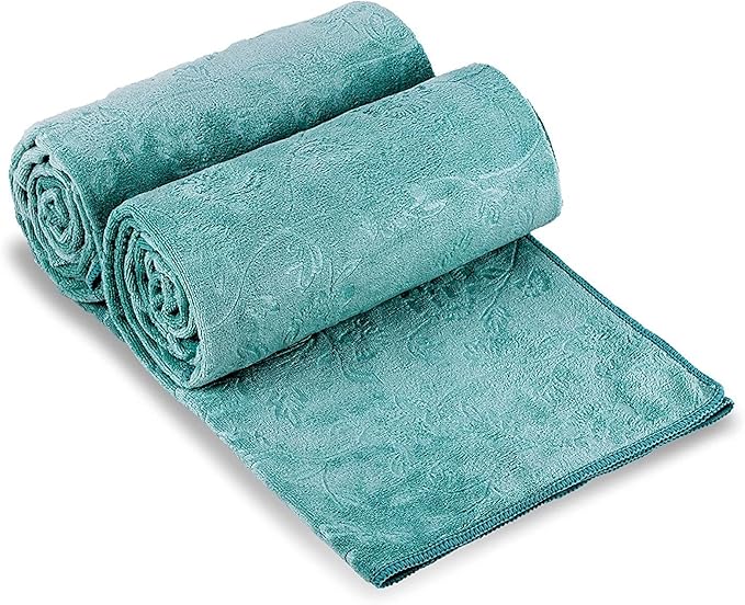 JML Microfiber Bath Towels, 2 Pack, 30" x 60", Oversized, Large, Soft, Super Absorbent and Fast Drying Bathroom Towel Set for Sport, Fitness, Yoga (Green-Floral Embossed)
