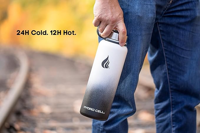 HYDRO CELL Stainless Steel Insulated Water Bottle with Straw - For Cold & Hot Drinks - Metal Vacuum Flask with Screw Cap and Modern Leakproof Sport Thermos for Adults (Black/White 40oz)