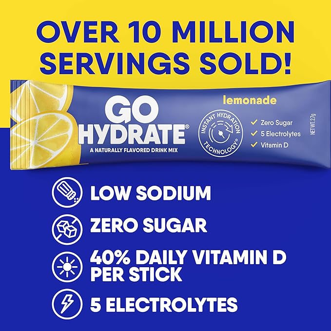 GoHydrate Instant Hydration Powder Packets - Low Sodium Electrolytes Drink Mix - Natural Hydration Support, Sugar Free Electrolyte Flavored Powder Drink with Vitamin D, 30 Packs, Lemonade