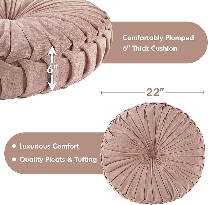 Intelligent Design Loretta Round Chenille Tufted Floor Pillow with Elegant Pleated Design, Large Boho & Vintage Decorative Throw Pillow for Sofa, Bed, or Chair, 22" x 6", Blush