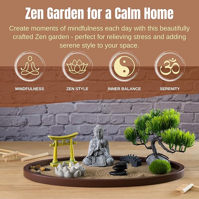 Zen Garden for Desk 13x8in – Japanese Decor with Buddha, Artificial Bonsai Tree, Tools & Accessories – Mini Zen Garden Kit for Office Desk, Home, Meditation Room, Desktop Gift Set