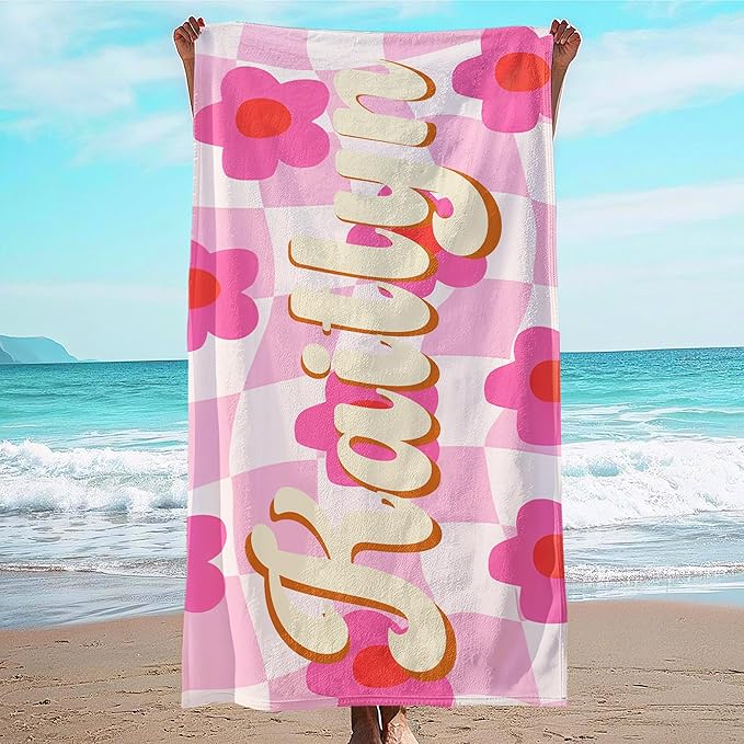 JML Personalized Beach Towel with Name, Custom Flower Beach Towel, Customized Microfiber Pool Towel, Quick Dry & Absorbent Swim Towel for Adult,Anniversary, Birthday, Summer Holiday,Vacation