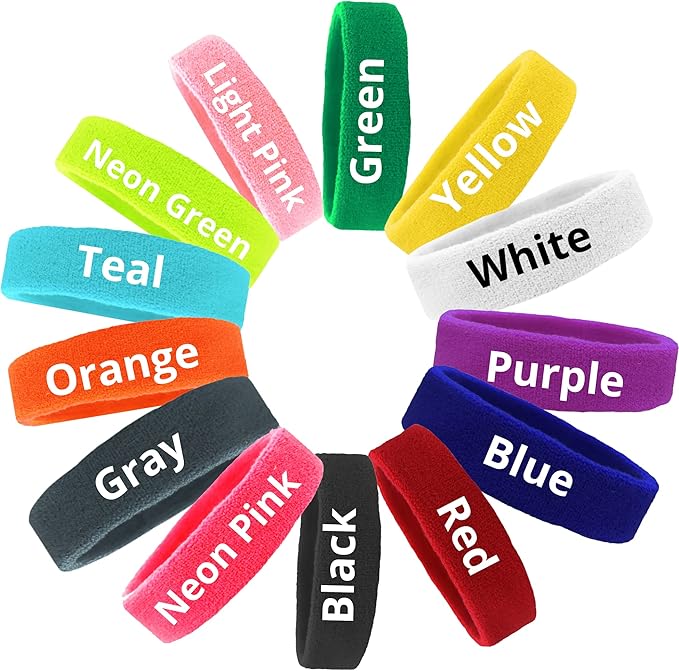 12 Sweatbands Cotton Sports Headbands Terry Cloth Moisture Wicking Athletic Basketball Headband by Kenz Laurenz