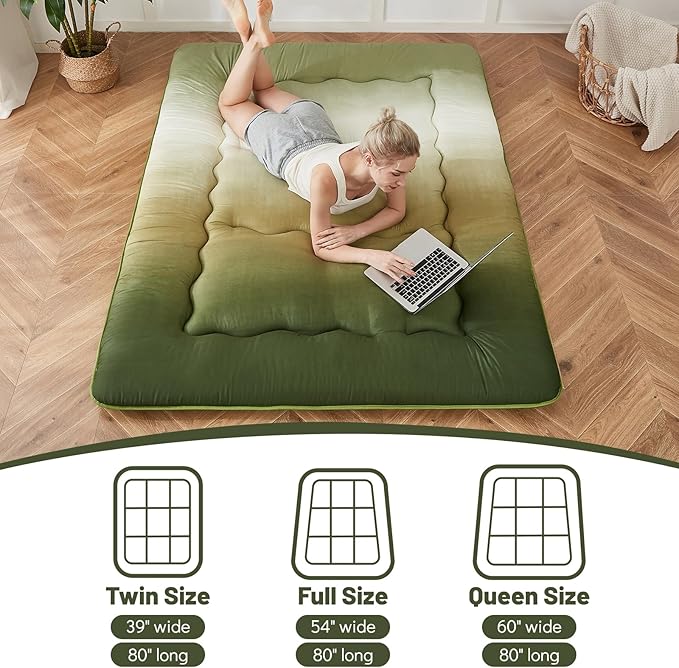Japanese Floor Mattress, Futon Mattress with Portable Storage Bag and Washable Cover, Roll Up Thick Tatami Mat Suitable for Camping, Guest Room (Forest Gradient, Twin)