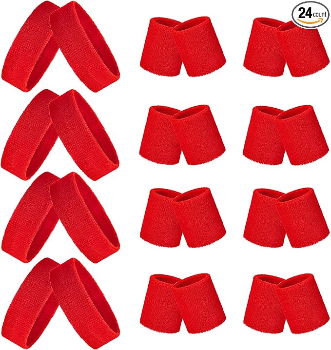 24 Pieces 80s Neon Sweatbands Set, Include 8 Sports Headbands and 16 Sweat Wristbands Elastic Athletic Tennis Sweat Bands Bulk for Man Woman