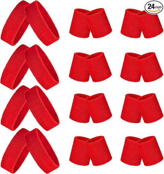 24 Pieces 80s Neon Sweatbands Set, Include 8 Sports Headbands and 16 Sweat Wristbands Elastic Athletic Tennis Sweat Bands Bulk for Man Woman