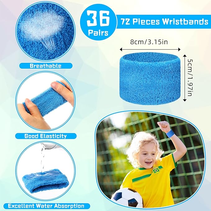 Leyndo 72 Pcs Wrist Sweatbands Bulk for Kids Field Day Cotton Terry Sweat Bands Sports Fan Wristbands Kids for Summer Camp Student Football Team Competition Party