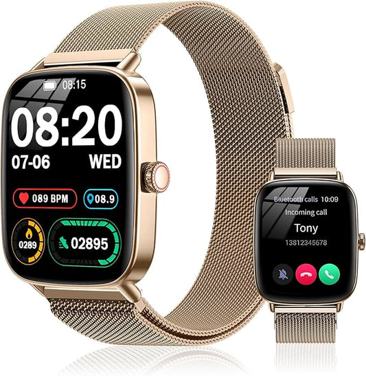 Smart Watch for Women(2 Bands), 1.85" HD Fitness Tracker Screen with Call Function, IP68 Waterproof, 100+ Sport Modes, Blood Oxygen Monitor/Heart Rate/Sleep Monitor, iOS Android Compatible (Gold)