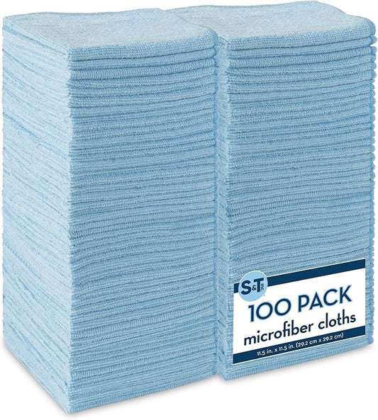 S&T INC. 100 Pack Microfiber Cleaning Cloth, Bulk Towels for Home, Reusable Microfiber Towels for Cars, Cleaning Rags, Light Blue, 11.5 Inches x 11.5 Inches, 100 Count