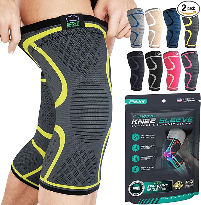 Modvel 2 Pack Knee Brace for Women & Men - Workout Knees Compression Sleeve for Knee Pain Relief Joint Support for ACL, Arthritis, Meniscus Tear Knees Brace for Sports, Rodilleras para Gym Fitness
