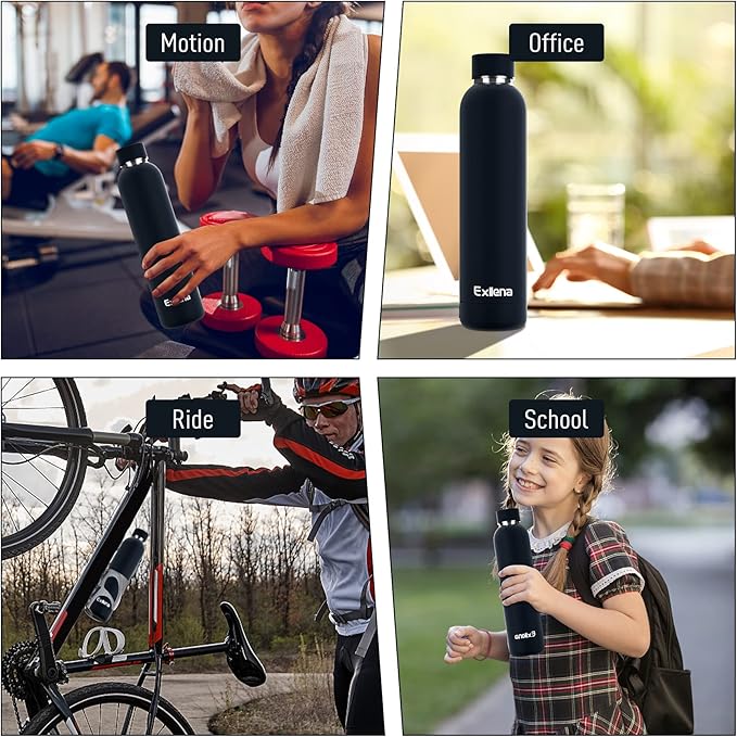 Slim Insulated Water Bottles for Travel 25oz with Clip, Double Wall Vacuum Stainless Steel Water Bottle Keeps Drinks Cold 24 Hrs/Hot 12 Hrs, 100% Leakproof, BPA Free(Black)