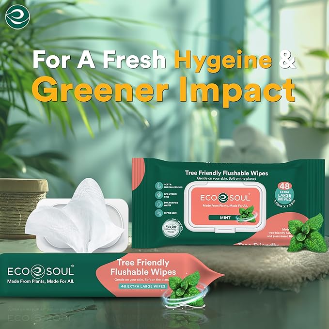 ECO SOUL Bamboo Flushable Wipes For Adult- Mint 384 Wipes |8 Pack of 48| Eco-Friendly Wipes| 99% Purified Water, Hypoallergenic, Soft Wipes, BPA & Paraben free