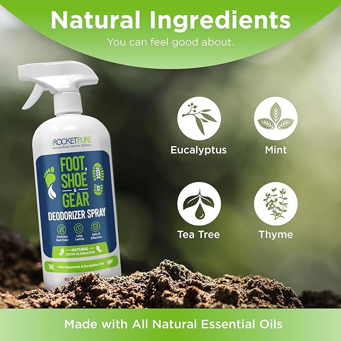 Rocket Pure Natural Odor Eliminator - Foot & Shoe Deodorizer Spray, Gear Odor Eliminator - Removes, Controls & Prevents Odors - Made with Essential Oils - Made in USA (Mint, 32oz)
