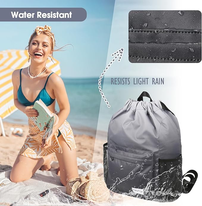 Drawstring Backpack Sports Gym Sackpack with Mesh Pockets Water-Resistant String Cinch Beach Bag for Men Women(Gradient Gray)