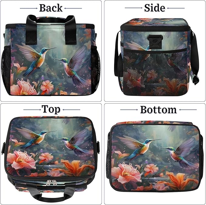 Insulated Cooler Lunch Bag,Animal Hummingbird Flower Reusable Lunch Box for Office Picnic Work School,Leakproof Large Cooler Tote Bags for Adult Men Women