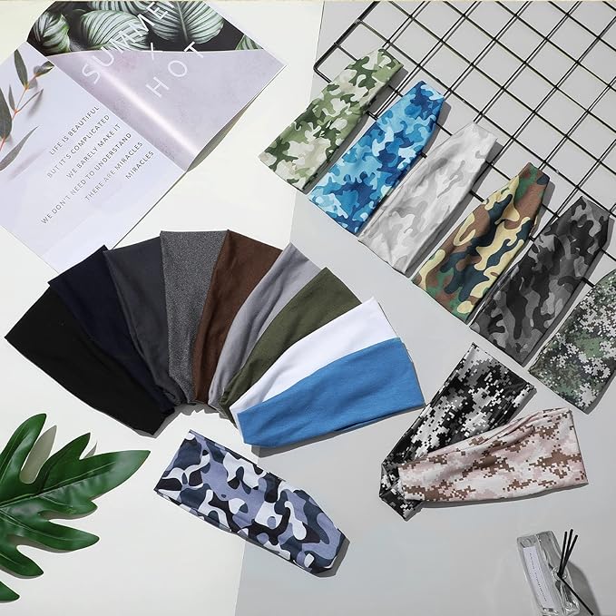 18 Pcs Sports Sweatbands for Men Women Camo Headbands Workout Non Slip Headbands Breathable Head Band Fitness Stretchy Unisex Hairband for Yoga Running Cycling Ball