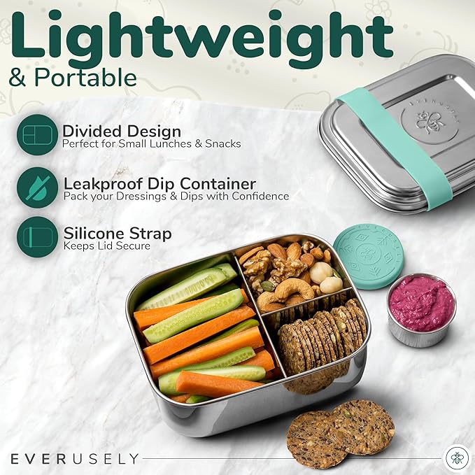 Everusely - Bento Box - Green, 27oz / 0.8 L - Stainless Steel Lunch Box with Leakproof Condiment Container - 3 Compartment Snack Organizer for On the Go Meals - Freezer & Dishwasher Safe