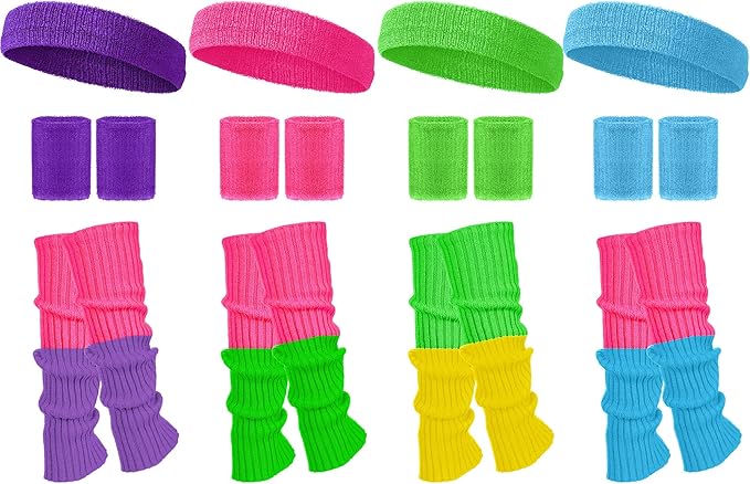 Haysandy 4 Sets 80s 90s Leg Warmers Set for Women Costume Neon Headband Rainbow Wristbands for Sport Yoga Workout Clothes