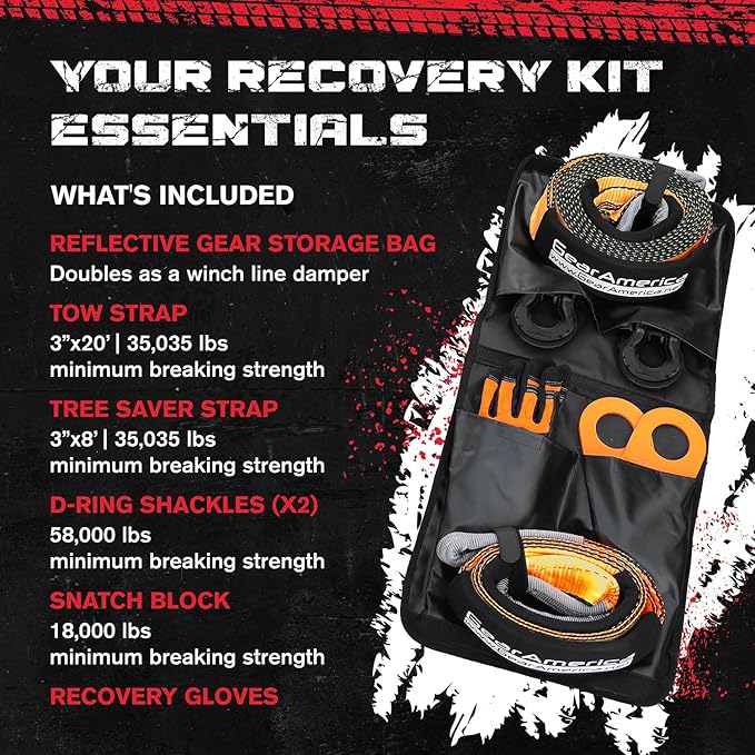 GearAmerica Off Road Recovery Kit, 9 Ton, Includes Tow Strap, Tree Saver, Snatch Block Pulley, D-Ring Shackles, Winch Line Dampener Bag, Gloves - Off Road Recovery Gear, 4x4, Black
