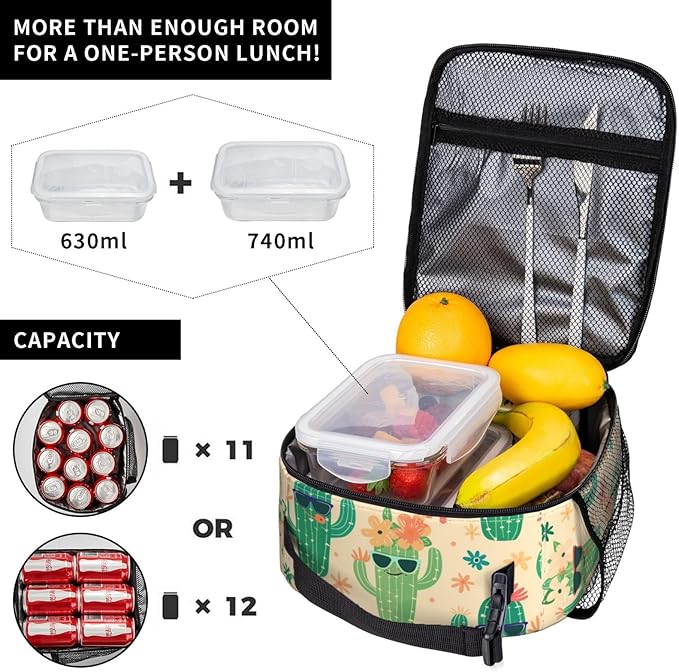 Cactus Lunch Box for Women Men, Insulated Lunch Box Reusable Portable Lunch Bag Cooler Tote Waterproof Lunch Container for Office Picnic Work Travel