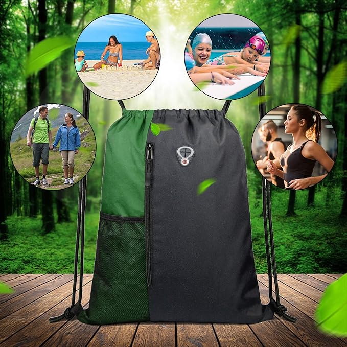 BeeGreen Green Drawstring Bag Sports Gym Backpack for Women Men Large Cinch Sackpack Day Pack with Zipper and Water Bottle Mesh Pockets (Black/Green)