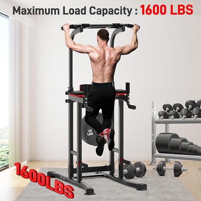 Outdoor Basic Power Tower, Pull Up Bar and Dip Station for Home Gym, 1600LBS Weight Capacity, Adjustable Height, Heavy Duty Steel Frame for Calisthenics, Strength Training Fitness Equipment