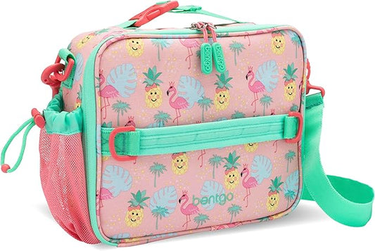 Bentgo Kids Lunch Bag - Durable, Double-Insulated Lunch Bag for Kids 3+; Holds Lunch Box, Water Bottle, & Snacks; Easy-Clean Water-Resistant Fabric & Multiple Zippered Pockets (Tropical)