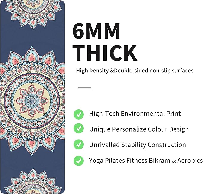 nuveti Yoga Mat Print Extra Thick TPE Non Slip Fitness Exercise Mat with Carrying Bag,72"x24" Extra Thick 6MM Exercise & Workout Mat for Yoga, Pilates Fitness and Floor Exercises