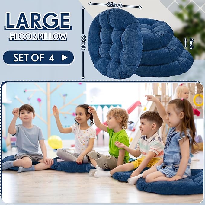 Jerify Floor Pillow Cushions 22 x 22 Inch Round Square Large Meditation Floor Pillow for Classroom Adult Meditation Picnic Party Cushion for Seating Gift Christmas(Round,Navy Blue,4 Pcs)