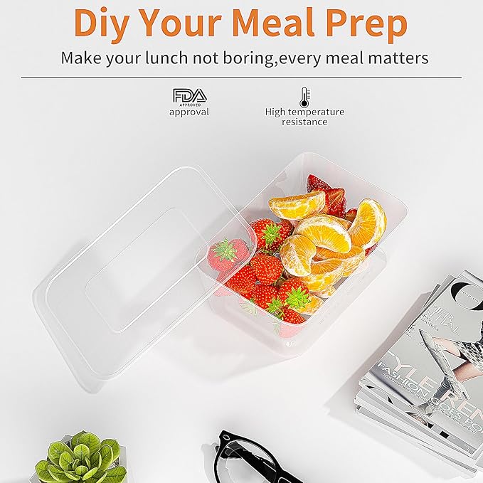 Meal Prep Containers,50 Pack 1 Compartment Food Storage Containers with Lids,Disposable Bento Box Reusable Plastic Lunch Box Kitchen Food Take-Out Box Microwave Dishwasher Freezer Safe(34 oz)