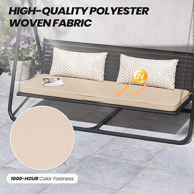 Crestlive Outdoor Bench Cushion 59 x 18 Inch, Waterproof Patio Furniture Cushions, Fade-Resistant Porch Swing Replacement Pad, Adjustable Straps and Handle, Beige