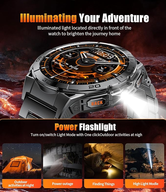 EF16 Smart Watch for Men with LED Flashlight, 1.6" AMOLED Fitness Tracker Watches, 600mAh Battery/2 Straps/100+ Sports/IP68 Waterproof/Bluetooth Call Smartwatch for Android iPhone Compatible