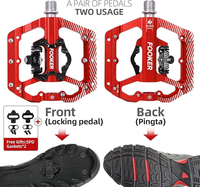 FOOKER MTB Mountain Bike Pedals 3 Bearing Flat Platform Compatible with Dual Function Sealed Clipless Aluminum 9/16" Pedals with Cleats for Road