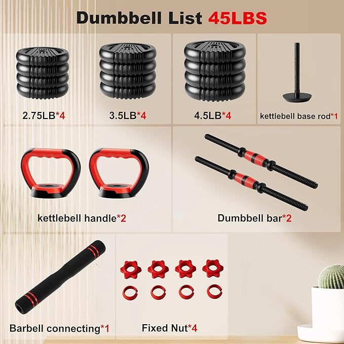 Adjustable Dumbbell Set, 10/20/30/45/70/90lbs Free Weight Set with Connector, 4 in1 Dumbbells Set Used as Barbell, Kettlebells, Push up Stand, Fitness Exercises for Home Gym Suitable Men/Women