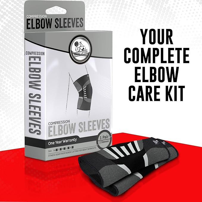 Nordic Lifting Elbow Compression Sleeves (1 Pair) for Men & Women - Support for Pain Relief, Tendonitis, Golfer’s & Tennis Elbow - Weightlifting Brace for Workout, Arm & Joint Recovery