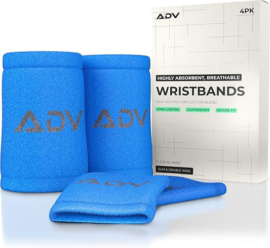 ADV Tennis Wristbands with New Age Polyester Cotton Blend - Ultra Absorbent Wrist Sweatbands - Doublewide & Slim Wrist Bands for Sweat - 4 Pack or 2 Pack