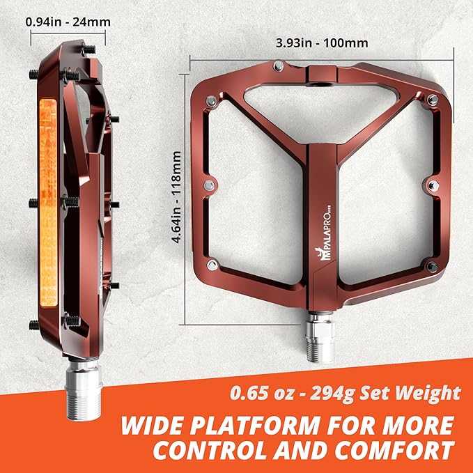 Flat Bike Pedals with Reflectors CNC Aluminium 9/16” – MTB Pedals with Extra Wide Platform and Removable Anti-Slip Pins – Lightweight Pedals for Mountain Bike & Road Bike 294 g
