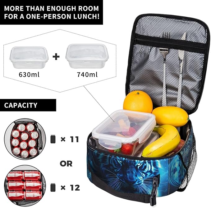 Fierce Tiger Lunch Box for Women Men Boys Kids, Insulated Cooler Lightning Design Lunch Bag for School, Picnic, Office, Travel, Work, Portable Reusable Polyester Thermal Tote Lunch Bags