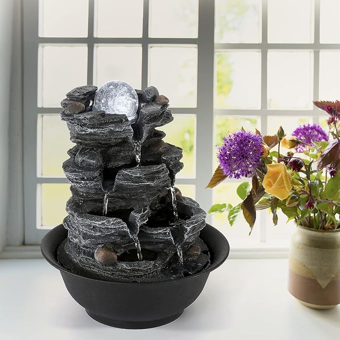 Dyna-Living Tabletop Water Fountain Indoor Waterfalls Fountains with White LED Light Decorative Feng Shui Tabletop Fountain with Automatic Pump