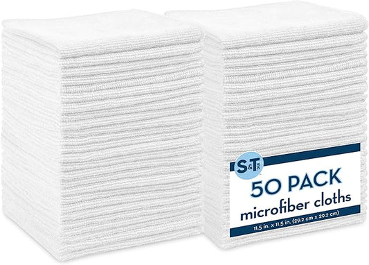 S&T INC. 50 Pack Microfiber Cleaning Cloth, Bulk Towels for Home, Reusable Microfiber Towels for Cars, Cleaning Rags, White, 11.5 Inches x 11.5 Inches, 50 Count