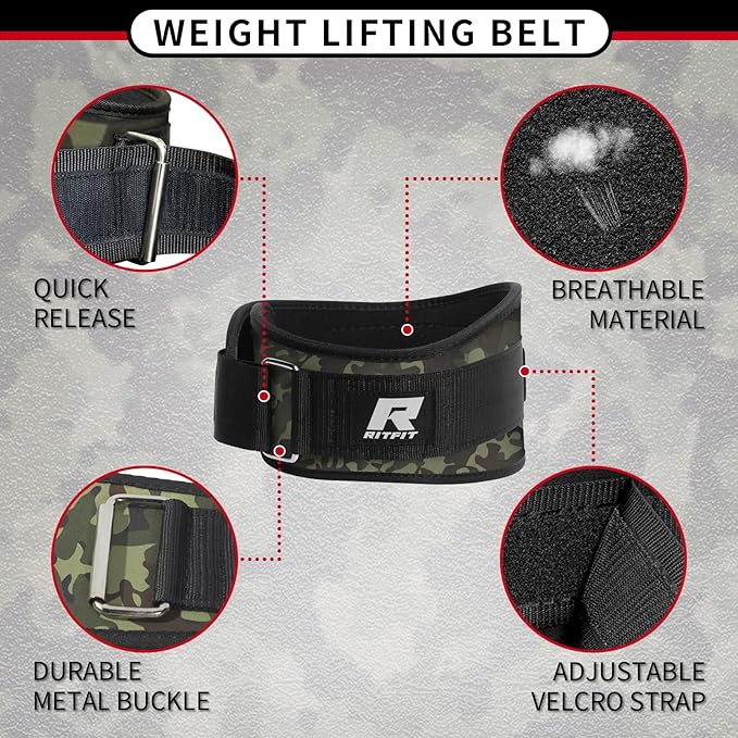 RitFit Weight Lifting Belt - Great for Squats, Lunges, Deadlift, Thrusters - Men and Women - 6 Inch Black/Camouflage