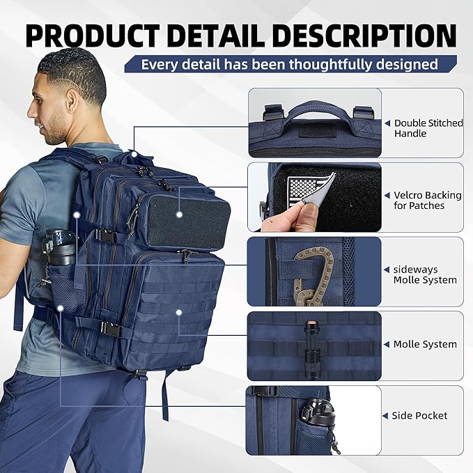 gracedon Tactical Backpack - Military Molle Bag 3 Days Pack for men and Women Large Assault Rucksack 45L (Navy)