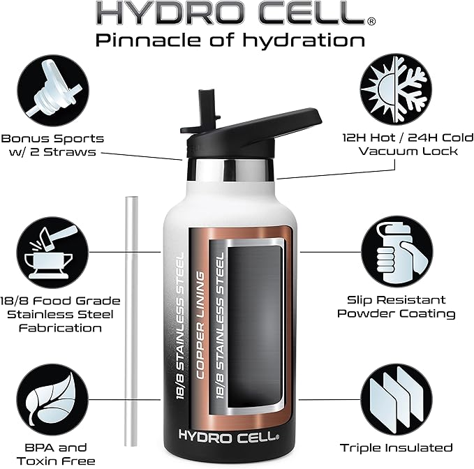 HYDRO CELL Stainless Steel Water Bottle with Straw & 2 Standard Mouth Lids (32oz 24oz 20oz 16oz) Keeps Liquids Hot or Cold w/Double Wall Vacuum Insulated Leak Proof Sport Design (Black/White 16oz)