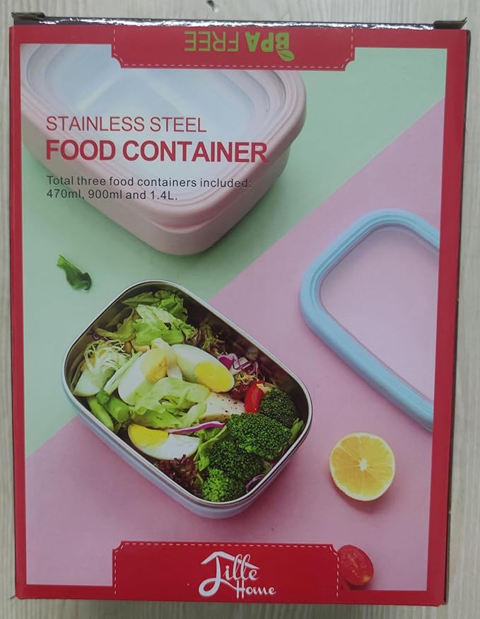 Lille Home Leak Proof Steel Food Containers - Snack Stainless Steel Containers - Ideal for Educational Settings & Daycare - Nesting Trio with Silicone Lids - 47oz+30oz+16oz - Dark Blue