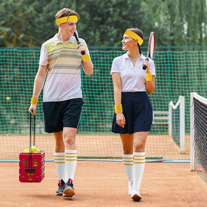 ONUPGO 5 Pieces Sweatbands Striped Socks Set Sports Headband Wristbands High Tube Socks 80s Accessories Costumes