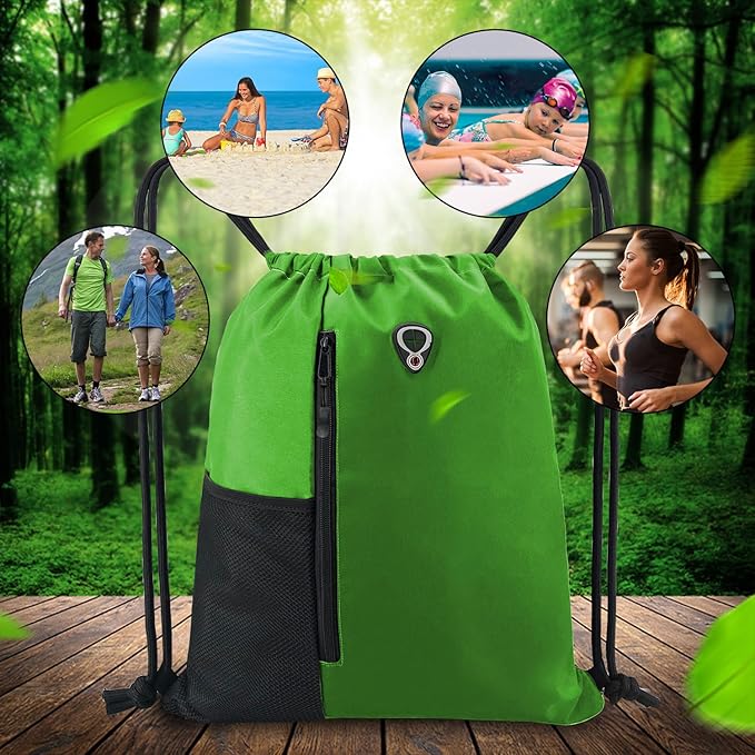 BeeGreen Bright Green Drawstring Backpack Gym Bag For Men & Women – Sports Sackpack with Mesh Water Bottle Holder & 2 Zippered Pockets – Large 16x20 Inch Cinch String Backpack