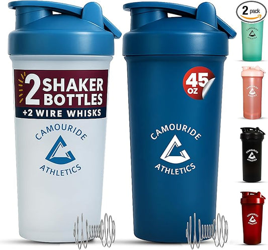 2 Pack 45 oz Protein Shaker Bottles with Wire Whisk – BPA-Free, Leak-Proof Shaker Cups for Protein Shakes & Smoothies – Large Plastic Mixer Bottle – Classic White & Cobalt Blue.